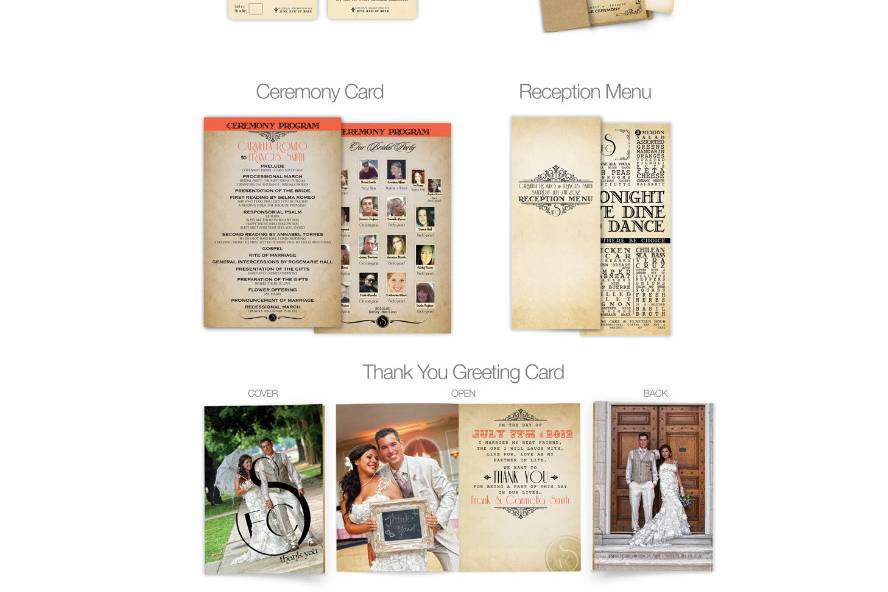 Vintage Wedding Theme
Invitation, RSVP Cards, Inserts with GPS Directions and Reception Menu.