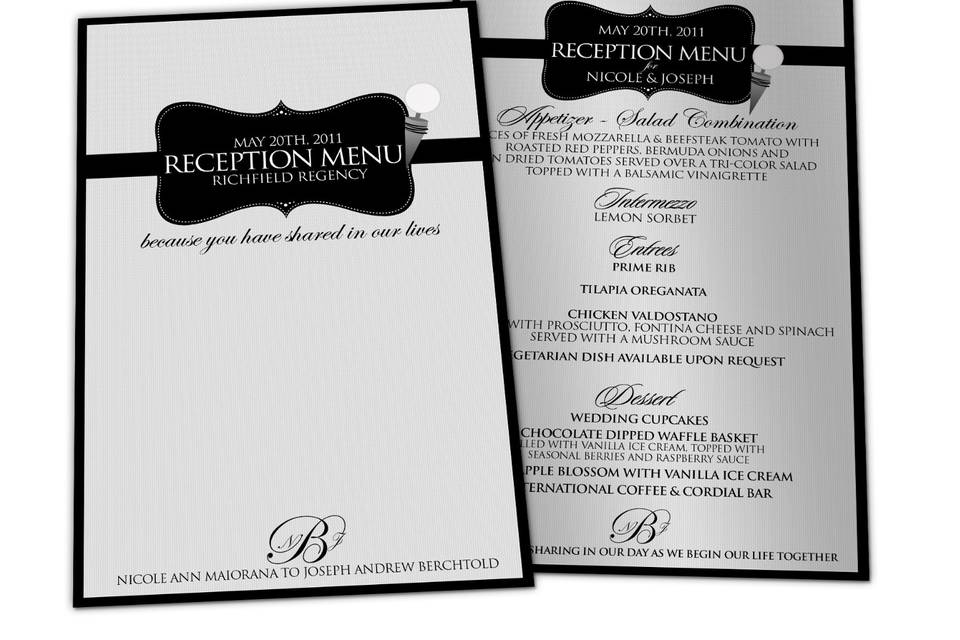 WEDDING RECEPTION MENUS
Printed on a 16pt stock  with a shiny UV or silky Matte varnish your guests will love having this extra touch for them when they begin to take their seats at your event. We provide to standard sizes as showcased below. Our larger size 8.5″  x 5.5″ is ideal for placing on your plates where our thinner 8.5″ x 3.5″ size Reception Menus work well when your table setting has the menu wrapped with your napkin and utensils. We will custom design your menu with your colors and theme and of course your actual menu. In most cases, menus are not fully established until about 2-3 weeks prior to your event and that is no reason for concern. We have provided many Reception Menus and are accustom to having a short time frame to provide both the design and print. Below you will find some designs we have provided for some wonderful couples.