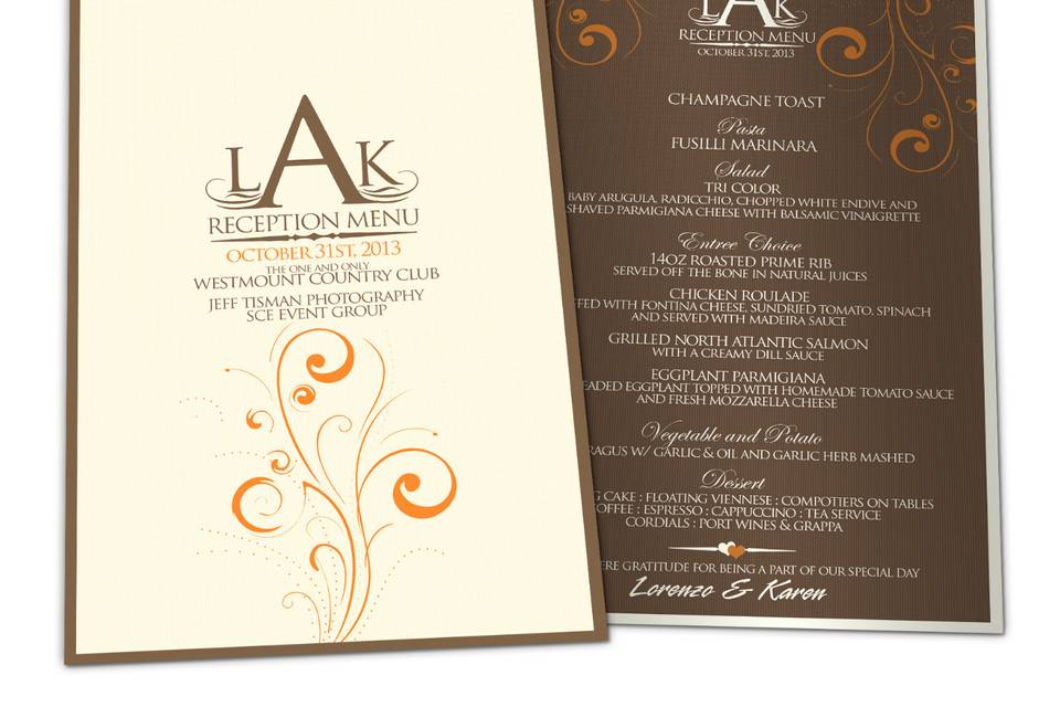WEDDING RECEPTION MENUS
Printed on a 16pt stock  with a shiny UV or silky Matte varnish your guests will love having this extra touch for them when they begin to take their seats at your event. We provide to standard sizes as showcased below. Our larger size 8.5″  x 5.5″ is ideal for placing on your plates where our thinner 8.5″ x 3.5″ size Reception Menus work well when your table setting has the menu wrapped with your napkin and utensils. We will custom design your menu with your colors and theme and of course your actual menu. In most cases, menus are not fully established until about 2-3 weeks prior to your event and that is no reason for concern. We have provided many Reception Menus and are accustom to having a short time frame to provide both the design and print. Below you will find some designs we have provided for some wonderful couples.