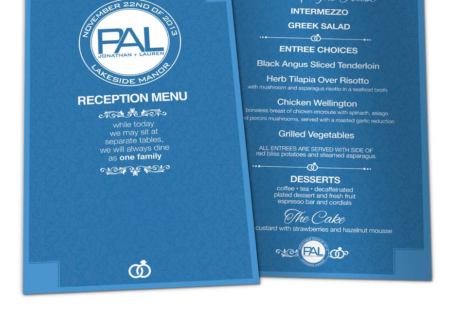 WEDDING RECEPTION MENUS
Printed on a 16pt stock  with a shiny UV or silky Matte varnish your guests will love having this extra touch for them when they begin to take their seats at your event. We provide to standard sizes as showcased below. Our larger size 8.5″  x 5.5″ is ideal for placing on your plates where our thinner 8.5″ x 3.5″ size Reception Menus work well when your table setting has the menu wrapped with your napkin and utensils. We will custom design your menu with your colors and theme and of course your actual menu. In most cases, menus are not fully established until about 2-3 weeks prior to your event and that is no reason for concern. We have provided many Reception Menus and are accustom to having a short time frame to provide both the design and print. Below you will find some designs we have provided for some wonderful couples.