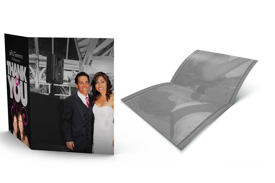 WEDDING THANK YOU CARDS
Say “Thank You” like you really mean it. Printed on a luxurious matte stock. Your Thank You Card designs will encompass up to 8 of your photos you provide from your Big Day. We will not simply place your photos in a template, we custom design them. All projects come with Blank White Envelopes. With each design we discuss whether or not you prefer having a space for you to write a message to your guests. And we know, that can be a lot of writing and we also know some guests you may not need to have a reason to write a lot so we strategize a way within the design to permit space that you can write a nice message if needed or sign just your names or even leave it blank without making it obvious. Then there is also the option to have pre-written text, in essence, whatever works best for you. Thank You card sizes range from:
10 x 7 Greeting Card folds into a 5 x 67
7 x 5 Greeting Card  folds into a 3.5 x 5
4 x 12 Greeting Card folds into a 4 x 6
4 x 6 or 5×7  Double