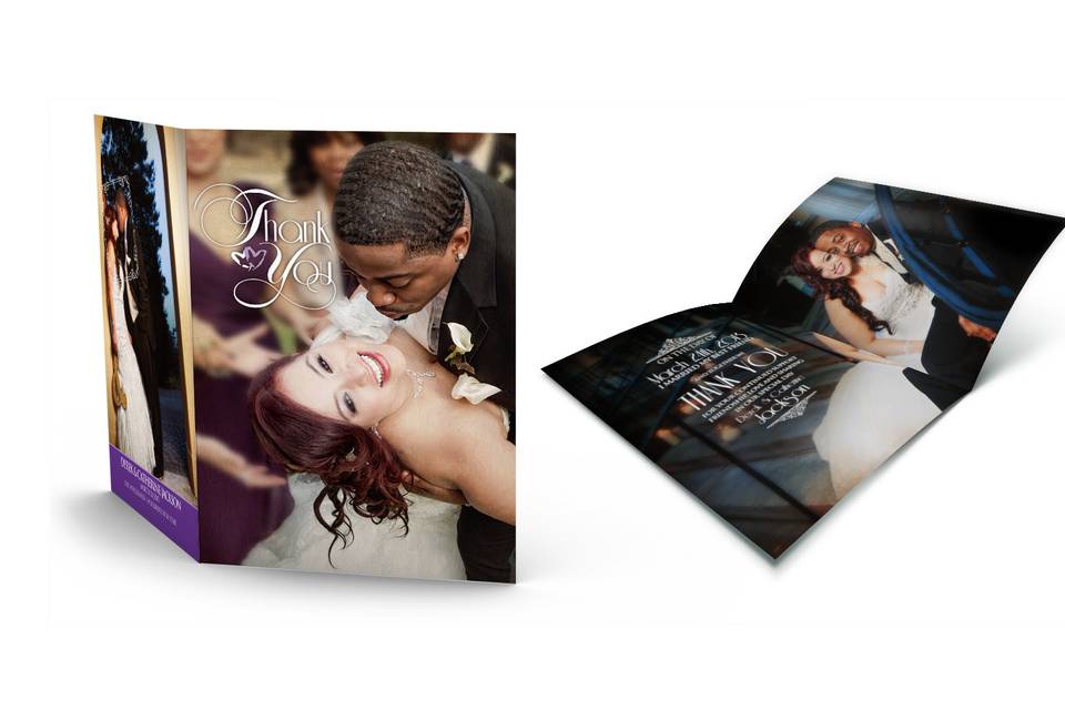 WEDDING THANK YOU CARDS
Say “Thank You” like you really mean it. Printed on a luxurious matte stock. Your Thank You Card designs will encompass up to 8 of your photos you provide from your Big Day. We will not simply place your photos in a template, we custom design them. All projects come with Blank White Envelopes. With each design we discuss whether or not you prefer having a space for you to write a message to your guests. And we know, that can be a lot of writing and we also know some guests you may not need to have a reason to write a lot so we strategize a way within the design to permit space that you can write a nice message if needed or sign just your names or even leave it blank without making it obvious. Then there is also the option to have pre-written text, in essence, whatever works best for you. Thank You card sizes range from:
10 x 7 Greeting Card folds into a 5 x 67
7 x 5 Greeting Card  folds into a 3.5 x 5
4 x 12 Greeting Card folds into a 4 x 6
4 x 6 or 5×7  Double