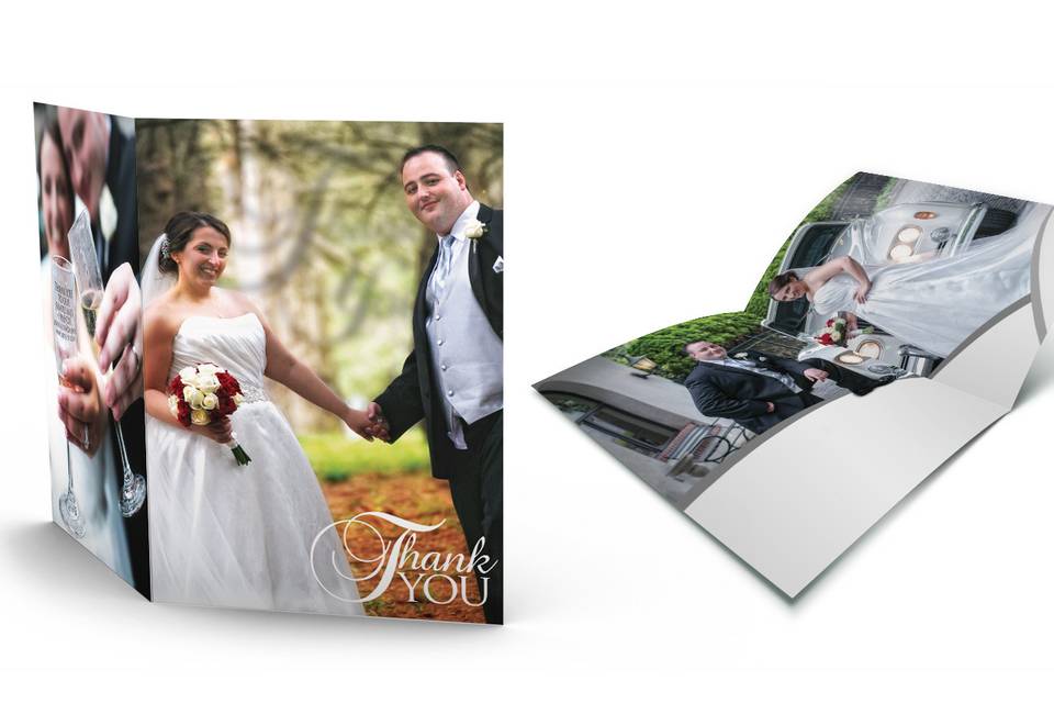 WEDDING THANK YOU CARDS
Say “Thank You” like you really mean it. Printed on a luxurious matte stock. Your Thank You Card designs will encompass up to 8 of your photos you provide from your Big Day. We will not simply place your photos in a template, we custom design them. All projects come with Blank White Envelopes. With each design we discuss whether or not you prefer having a space for you to write a message to your guests. And we know, that can be a lot of writing and we also know some guests you may not need to have a reason to write a lot so we strategize a way within the design to permit space that you can write a nice message if needed or sign just your names or even leave it blank without making it obvious. Then there is also the option to have pre-written text, in essence, whatever works best for you. Thank You card sizes range from:
10 x 7 Greeting Card folds into a 5 x 67
7 x 5 Greeting Card  folds into a 3.5 x 5
4 x 12 Greeting Card folds into a 4 x 6
4 x 6 or 5×7  Double