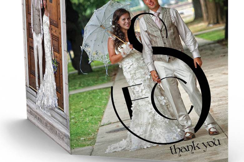 WEDDING THANK YOU CARDS
Say “Thank You” like you really mean it. Printed on a luxurious matte stock. Your Thank You Card designs will encompass up to 8 of your photos you provide from your Big Day. We will not simply place your photos in a template, we custom design them. All projects come with Blank White Envelopes. With each design we discuss whether or not you prefer having a space for you to write a message to your guests. And we know, that can be a lot of writing and we also know some guests you may not need to have a reason to write a lot so we strategize a way within the design to permit space that you can write a nice message if needed or sign just your names or even leave it blank without making it obvious. Then there is also the option to have pre-written text, in essence, whatever works best for you. Thank You card sizes range from:
10 x 7 Greeting Card folds into a 5 x 67
7 x 5 Greeting Card  folds into a 3.5 x 5
4 x 12 Greeting Card folds into a 4 x 6
4 x 6 or 5×7  Double