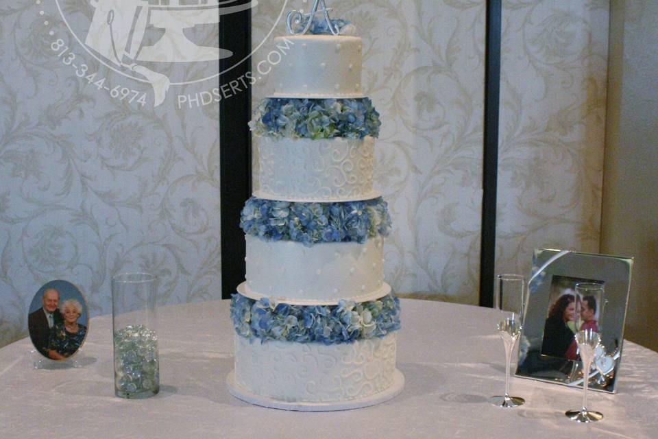 Classic all-buttercream cake with fresh hydrangeas between the tiers.