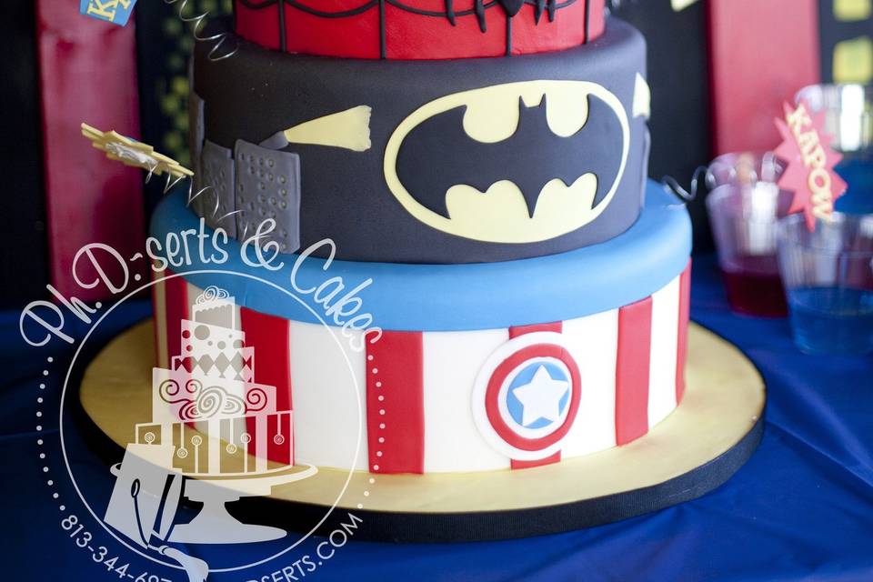 Superhero cake - Captain America, Batman, Spiderman, and Superman!