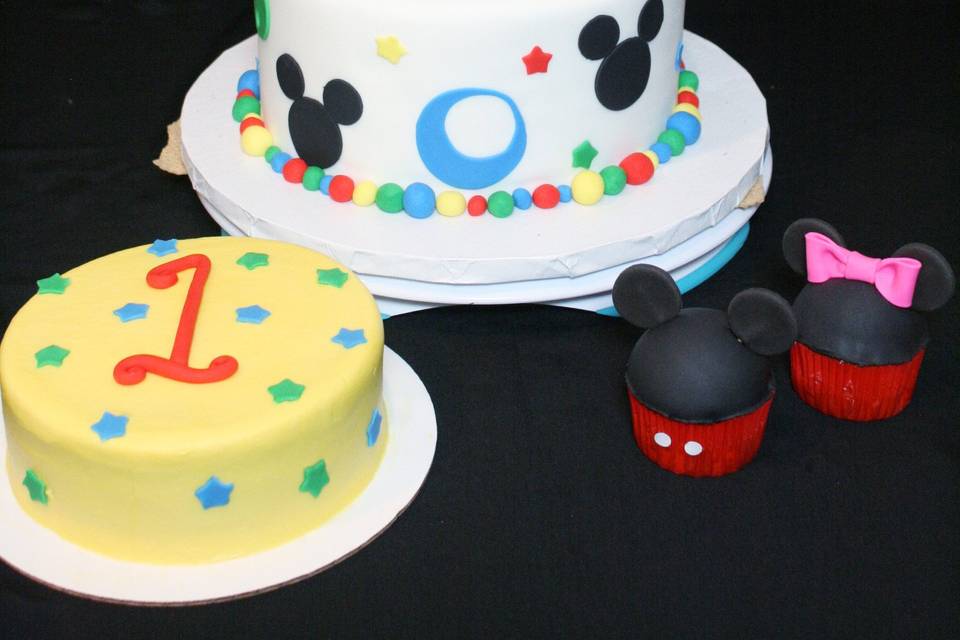 Mickey Mouse birthday cake, cupcakes, and smash cake for a 1st birthday