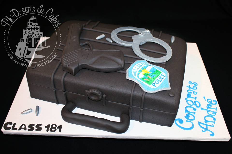 Police-themed cake for a graduation from the police academy.