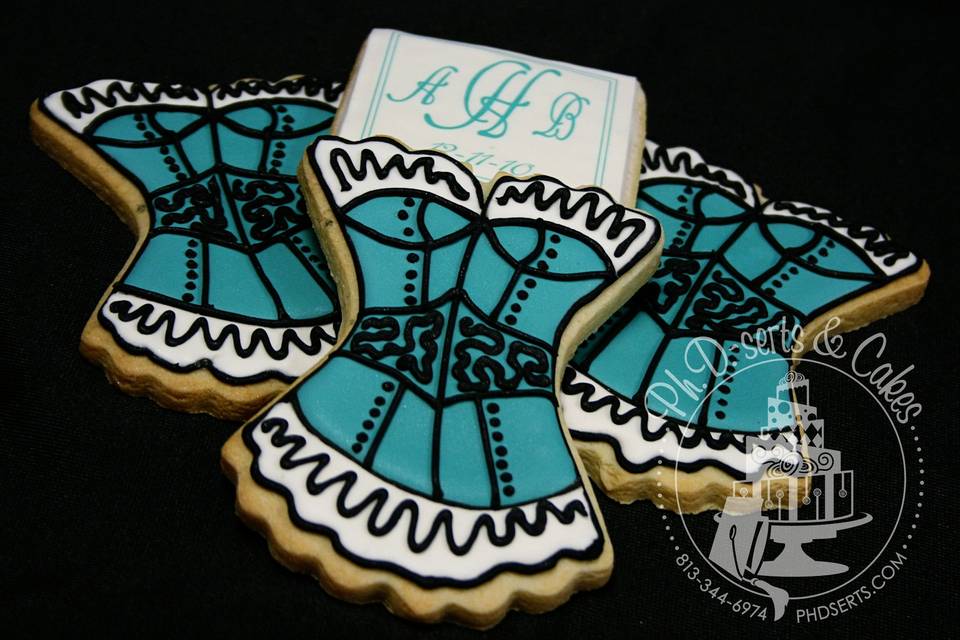 bustier and monogram cookie favors