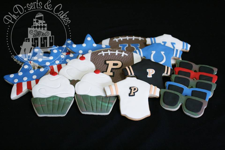 cupcakes, stars, footballs, sunglasses, football jersey cookies sent to soldiers overseas