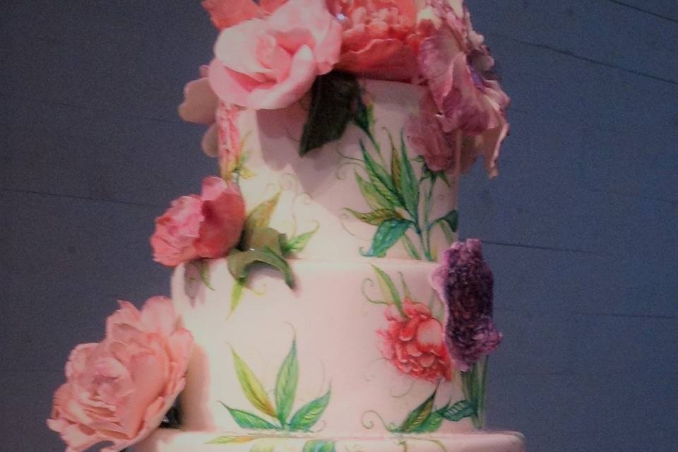 Peony Pink Cake with edible flowers by Queen Anne's Lace Cakes