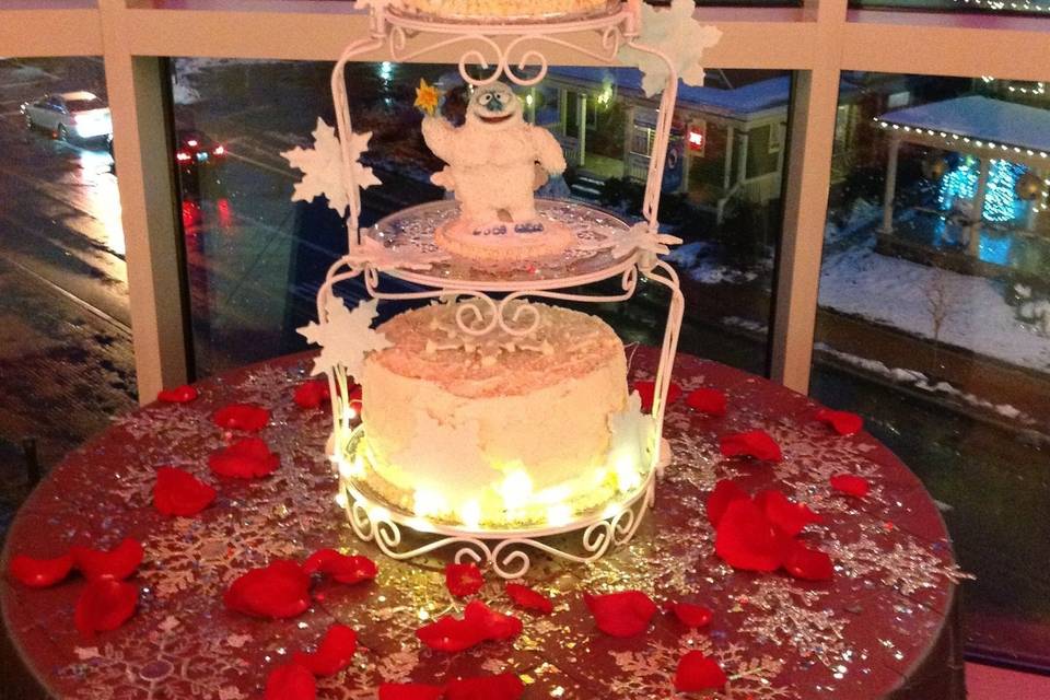 Rudolph-inspired Wedding Cake with edible characters by Queen Anne's Lace Cakes