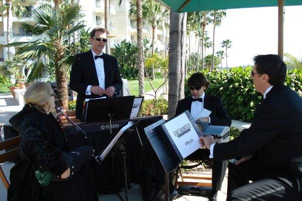 Our quartet getting ready to play for a wedding ceremony & cocktail reception at the Four Seasons Aviara in Carlsbad, California.