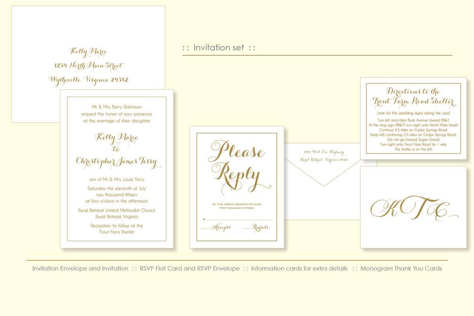 Gold invitation suite for a sweet local Virginia couple.