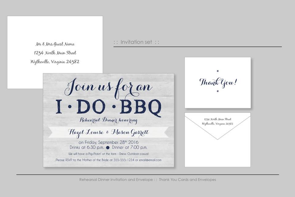 Cute Rehearsal dinner invitations, complete with Thank You notes.