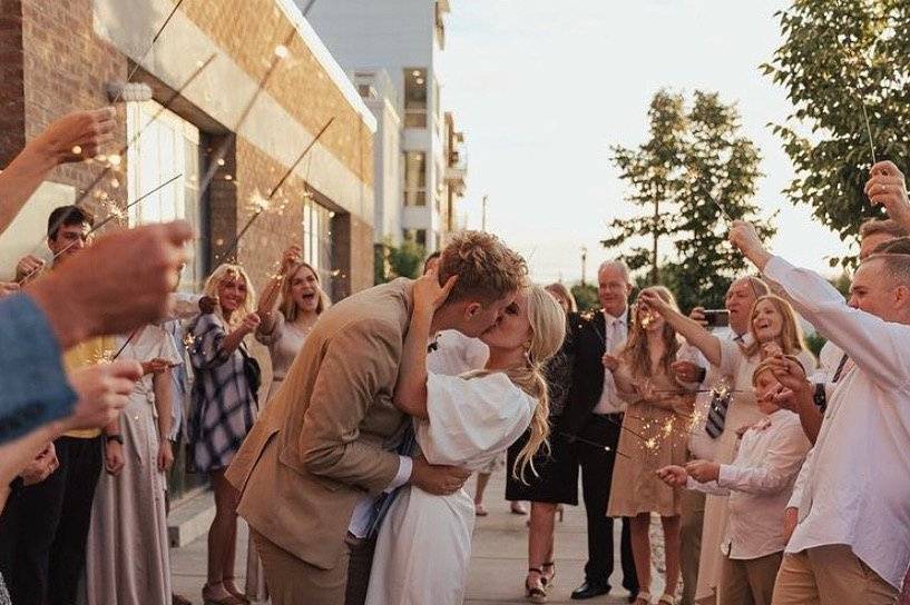 Sendoff featuring bride and gr