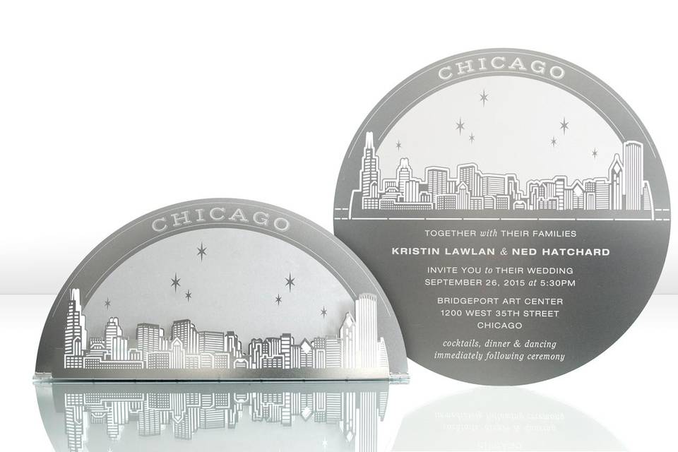 The CHICAGO SKYLINE metal invitation possesses gorgeous, accurate detail that will astonish your guests. Mails flat and is folded into a sculpture by guests. Folding the invitation at the perforations will reveal two layers of depth, with the skyline in front and the moon over Chicago behind. Place a tea light behind the sculpture and watch the skyline glow! Memories of a magical night in Chicago will live on forever with this invitation. CHICAGO SKYLINE is also available as a favor with slits into which an escort card can be inserted.