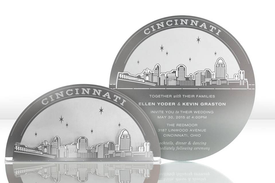 The CINCINNATI SKYLINE metal invitation possesses gorgeous, accurate detail that will astonish your guests. Mails flat and is folded into a sculpture by guests. Folding the invitation at the perforations will reveal two layers of depth, with the skyline in front and the moon over Cincinnati behind. Place a tea light behind the sculpture and watch the skyline glow! Memories of a magical night in Cincinnati will live on forever with this invitation. CINCINNATI SKYLINE is also available as a favor with slits into which an escort card can be inserted.