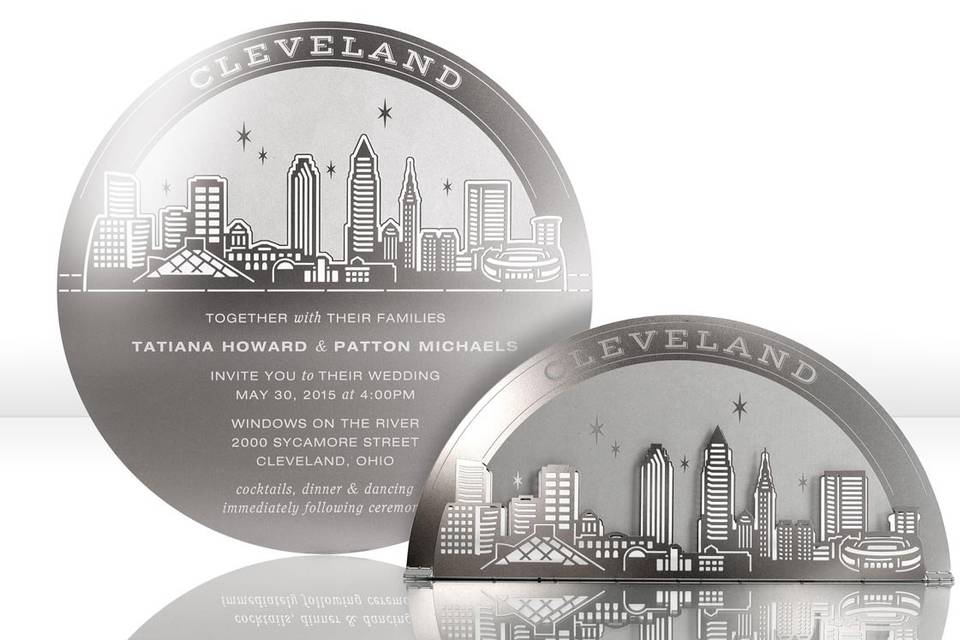 The CLEVELAND SKYLINE metal invitation possesses gorgeous, accurate detail that will astonish your guests. Mails flat and is folded into a sculpture by guests. Folding the invitation at the perforations will reveal two layers of depth, with the skyline in front and the moon over Cleveland behind. Place a tea light behind the sculpture and watch the skyline glow! Memories of a magical night in Cleveland will live on forever with this invitation. CLEVELAND SKYLINE is also available as a favor with slits into which an escort card can be inserted.