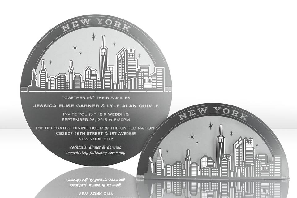The NEW YORK CITY SKYLINE metal invitation possesses gorgeous, accurate detail that will astonish your guests. Mails flat and is folded into a sculpture by guests. Folding the invitation at the perforations will reveal two layers of depth, with the skyline in front and the moon over New York City behind. Place a tea light behind the sculpture and watch the skyline glow! Memories of a magical night in New York City will live on forever with this invitation. NEW YORK CITY SKYLINE is also available as a favor with slits into which an escort card can be inserted.