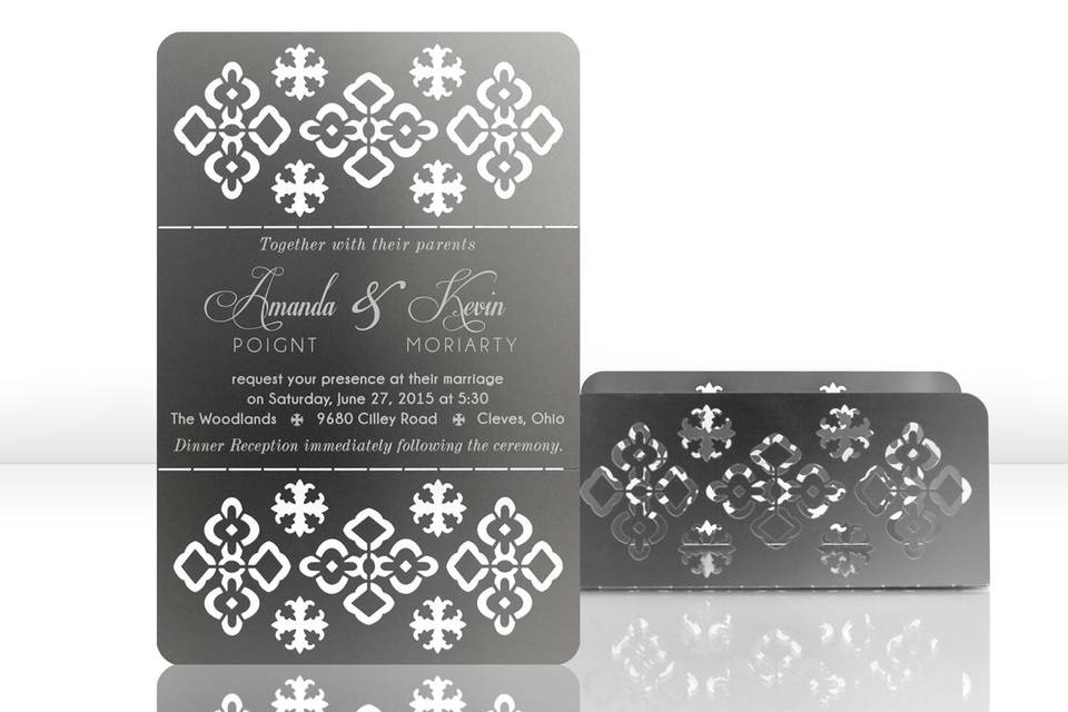 The ORNATE metal invitation sets the mood for a festive and exotic celebration. Mails flat and is folded into a sculpture by guests. Folding the invitation at the perforations will create a 2-sided box. A tea light inside will set the design aglow, sparking memories of a spectacular day for years to come. ORNATE is also available as a favor with slits into which an escort card can be inserted.