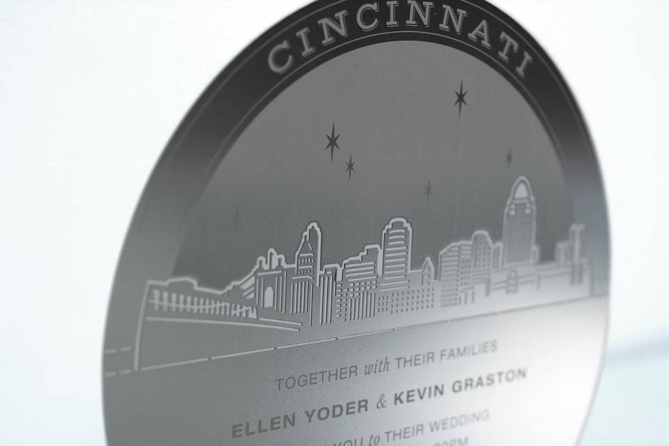 The CINCINNATI SKYLINE metal invitation possesses gorgeous, accurate detail that will astonish your guests. Mails flat and is folded into a sculpture by guests. Folding the invitation at the perforations will reveal two layers of depth, with the skyline in front and the moon over Cincinnati behind. Place a tea light behind the sculpture and watch the skyline glow! Memories of a magical night in Cincinnati will live on forever with this invitation. CINCINNATI SKYLINE is also available as a favor with slits into which an escort card can be inserted.