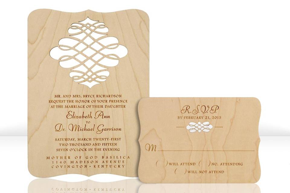 FILLIGREE invitations and response cards are laser cut and engraved into reclaimed, hand-finished, 1/16” thick wood planks. Species of wood vary depending on what is available to reclaim, but all are light in color in order to showcase the beauty of the engraving. Some examples of species that might be used include maple, birch and sycamore. Each design features engraved lettering that is customizable for your event. All invitations are designed and manufactured in the USA, and using reclaimed wood makes them environmentally friendly.