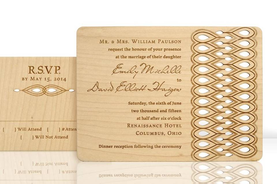 IKAT invitations and response cards are laser cut and engraved into reclaimed, hand-finished, 1/16” thick wood planks. Species of wood vary depending on what is available to reclaim, but all are light in color in order to showcase the beauty of the engraving. Some examples of species that might be used include maple, birch and sycamore. Each design features engraved lettering that is customizable for your event. All invitations are designed and manufactured in the USA, and using reclaimed wood makes them environmentally friendly.