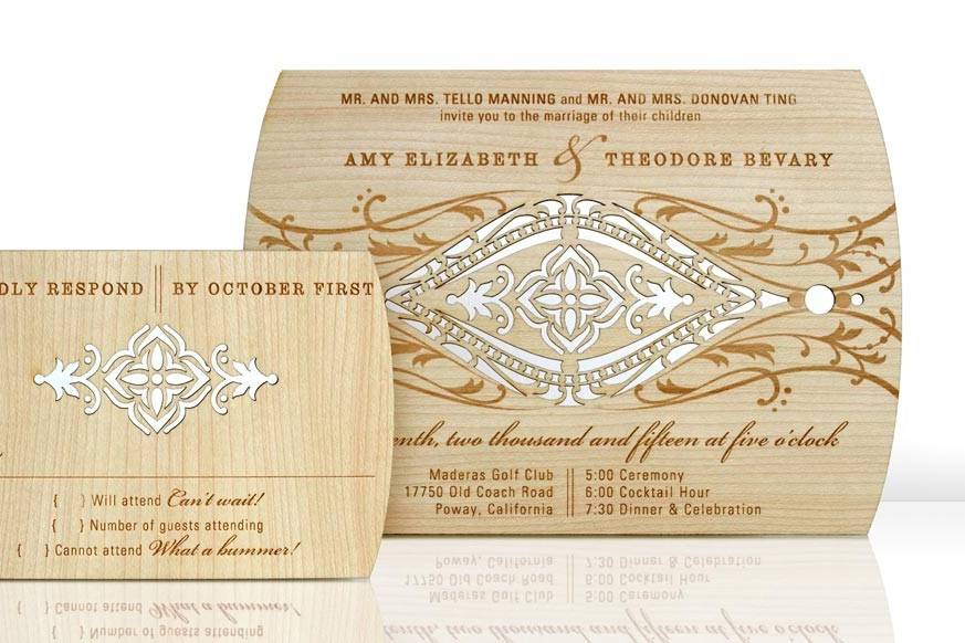 LAVISH invitations and response cards are laser cut and engraved into reclaimed, hand-finished, 1/16” thick wood planks. Species of wood vary depending on what is available to reclaim, but all are light in color in order to showcase the beauty of the engraving. Some examples of species that might be used include maple, birch and sycamore. Each design features engraved lettering that is customizable for your event. All invitations are designed and manufactured in the USA, and using reclaimed wood makes them environmentally friendly.