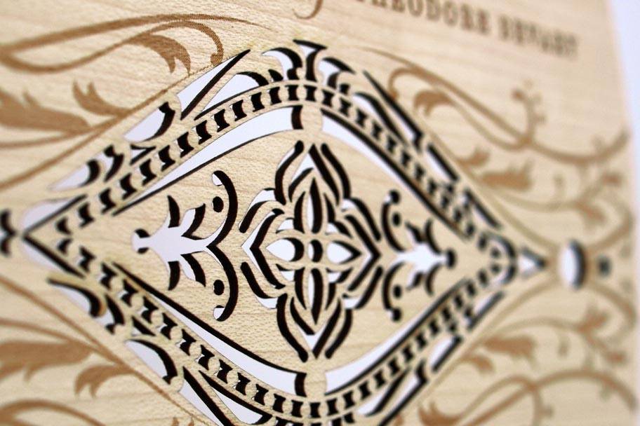 LAVISH invitations and response cards are laser cut and engraved into reclaimed, hand-finished, 1/16” thick wood planks. Species of wood vary depending on what is available to reclaim, but all are light in color in order to showcase the beauty of the engraving. Some examples of species that might be used include maple, birch and sycamore. Each design features engraved lettering that is customizable for your event. All invitations are designed and manufactured in the USA, and using reclaimed wood makes them environmentally friendly.