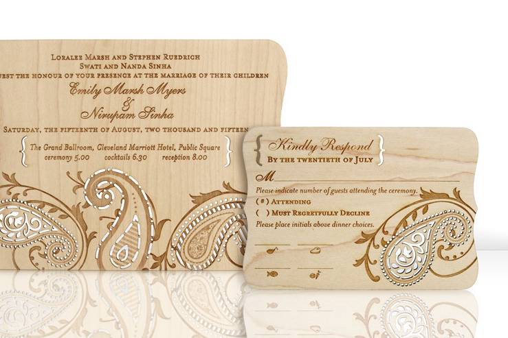 PAISLEY invitations and response cards are laser cut and engraved into reclaimed, hand-finished, 1/16” thick wood planks. Species of wood vary depending on what is available to reclaim, but all are light in color in order to showcase the beauty of the engraving. Some examples of species that might be used include maple, birch and sycamore. Each design features engraved lettering that is customizable for your event. All invitations are designed and manufactured in the USA, and using reclaimed wood makes them environmentally friendly.