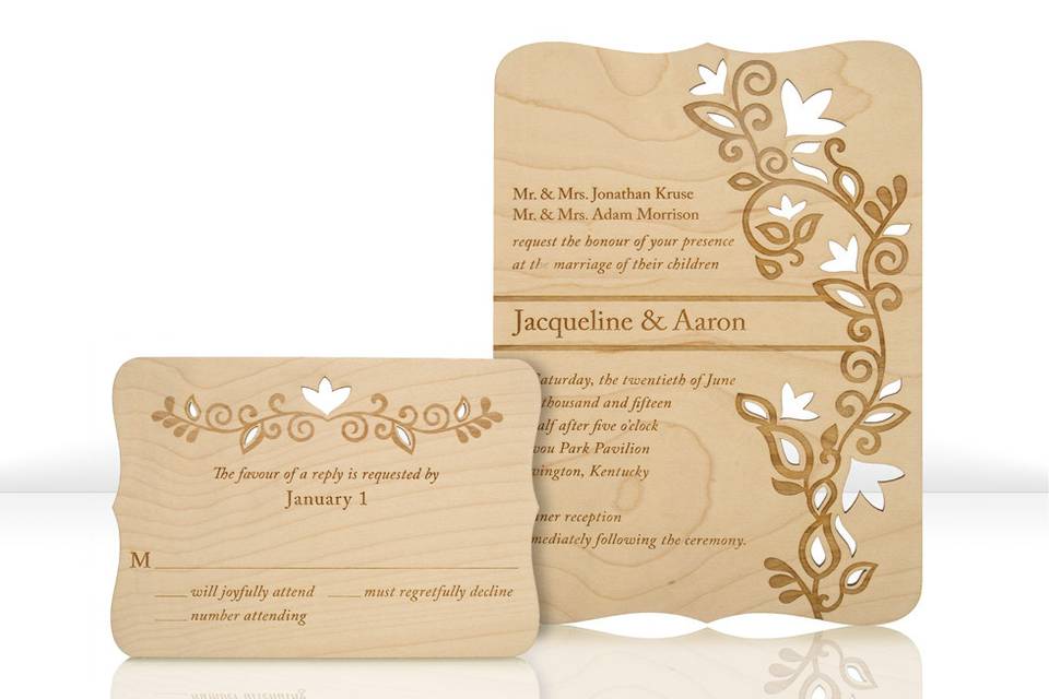 PERENNIAL invitations and response cards are laser cut and engraved into reclaimed, hand-finished, 1/16” thick wood planks. Species of wood vary depending on what is available to reclaim, but all are light in color in order to showcase the beauty of the engraving. Some examples of species that might be used include maple, birch and sycamore. Each design features engraved lettering that is customizable for your event. All invitations are designed and manufactured in the USA, and using reclaimed wood makes them environmentally friendly.