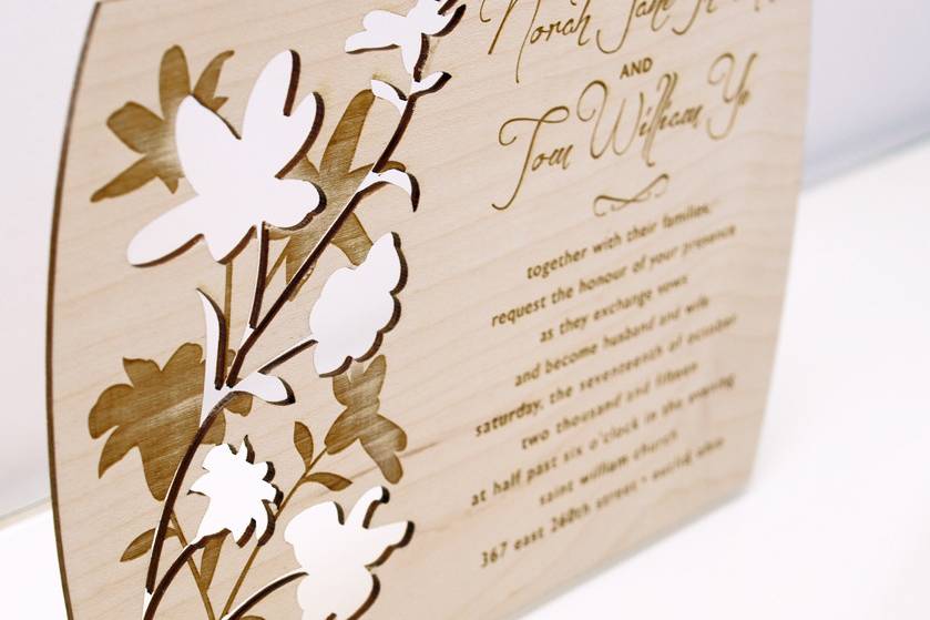 SUMMER DAY invitations and response cards are laser cut and engraved into reclaimed, hand-finished, 1/16” thick wood planks. Species of wood vary depending on what is available to reclaim, but all are light in color in order to showcase the beauty of the engraving. Some examples of species that might be used include maple, birch and sycamore. Each design features engraved lettering that is customizable for your event. All invitations are designed and manufactured in the USA, and using reclaimed wood makes them environmentally friendly.