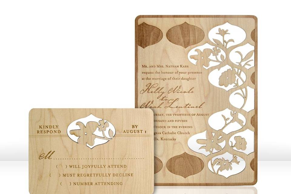 TRELLIS invitations and response cards are laser cut and engraved into reclaimed, hand-finished, 1/16” thick wood planks. Species of wood vary depending on what is available to reclaim, but all are light in color in order to showcase the beauty of the engraving. Some examples of species that might be used include maple, birch and sycamore. Each design features engraved lettering that is customizable for your event. All invitations are designed and manufactured in the USA, and using reclaimed wood makes them environmentally friendly.