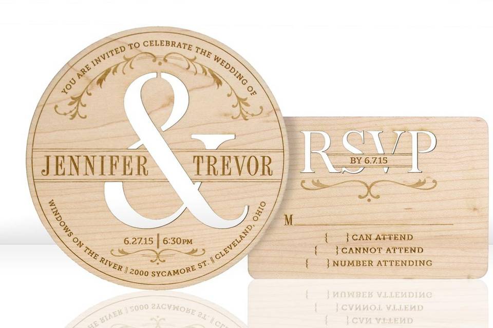 TYPOGRAPHY invitations and response cards are laser cut and engraved into reclaimed, hand-finished, 1/16” thick wood planks. Species of wood vary depending on what is available to reclaim, but all are light in color in order to showcase the beauty of the engraving. Some examples of species that might be used include maple, birch and sycamore. Each design features engraved lettering that is customizable for your event. All invitations are designed and manufactured in the USA, and using reclaimed wood makes them environmentally friendly.