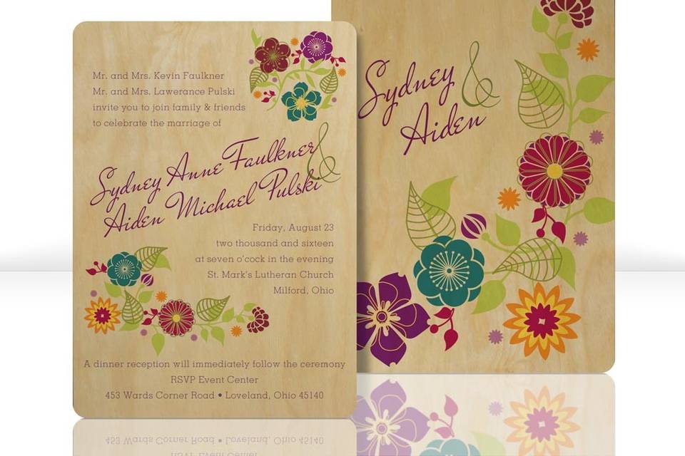BOUQUET invitations are printed on .025” thick birch panels. Each design features full color printing on the front with a coordinating full color pattern on the back along with a coordinating, double-sided response postcard (yes, it mails!). All invitations are designed and manufactured in the USA, and are sustainably harvested. Compared with paper, it takes less wood to make these invitations, and there are no chemicals used in the process. The wood is all-natural and 100% biodegradable. Imprinted Wood invitations are perfect for weddings, parties, or corporate events.