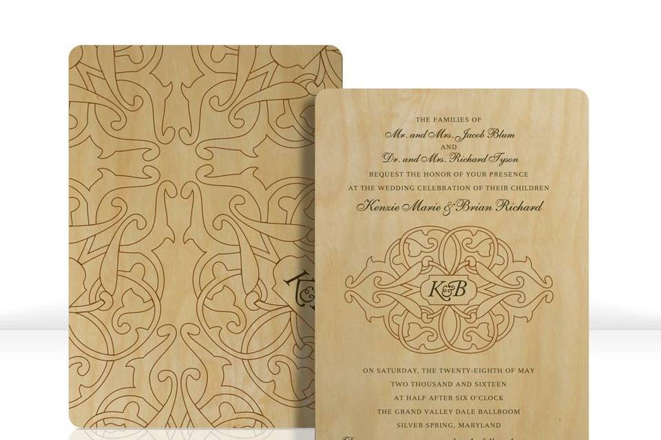 BROCADE invitations are printed on .025” thick birch panels. Each design features full color printing on the front with a coordinating full color pattern on the back along with a coordinating, double-sided response postcard (yes, it mails!). All invitations are designed and manufactured in the USA, and are sustainably harvested. Compared with paper, it takes less wood to make these invitations, and there are no chemicals used in the process. The wood is all-natural and 100% biodegradable. Imprinted Wood invitations are perfect for weddings, parties, or corporate events.