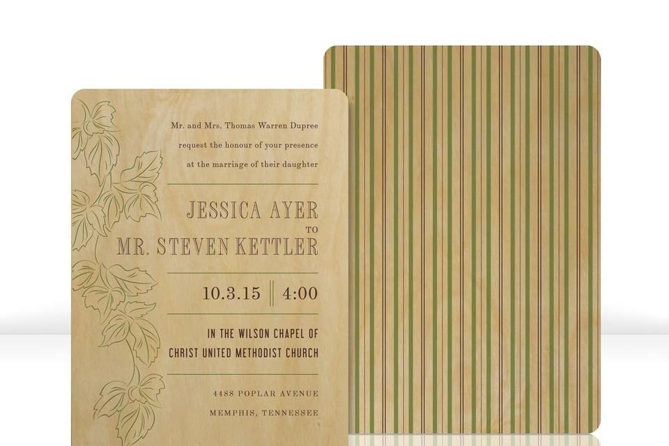 CASCADE invitations are printed on .025” thick birch panels. Each design features full color printing on the front with a coordinating full color pattern on the back along with a coordinating, double-sided response postcard (yes, it mails!). All invitations are designed and manufactured in the USA, and are sustainably harvested. Compared with paper, it takes less wood to make these invitations, and there are no chemicals used in the process. The wood is all-natural and 100% biodegradable. Imprinted Wood invitations are perfect for weddings, parties, or corporate events.