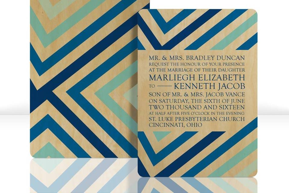 CHEVRON invitations are printed on .025” thick birch panels. Each design features full color printing on the front with a coordinating full color pattern on the back along with a coordinating, double-sided response postcard (yes, it mails!). All invitations are designed and manufactured in the USA, and are sustainably harvested. Compared with paper, it takes less wood to make these invitations, and there are no chemicals used in the process. The wood is all-natural and 100% biodegradable. Imprinted Wood invitations are perfect for weddings, parties, or corporate events.