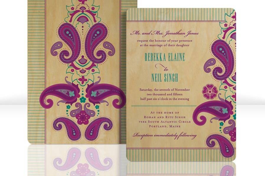SAFFRON GARDEN invitations are printed on .025” thick birch panels. Each design features full color printing on the front with a coordinating full color pattern on the back along with a coordinating, double-sided response postcard (yes, it mails!). All invitations are designed and manufactured in the USA, and are sustainably harvested. Compared with paper, it takes less wood to make these invitations, and there are no chemicals used in the process. The wood is all-natural and 100% biodegradable. Imprinted Wood invitations are perfect for weddings, parties, or corporate events.