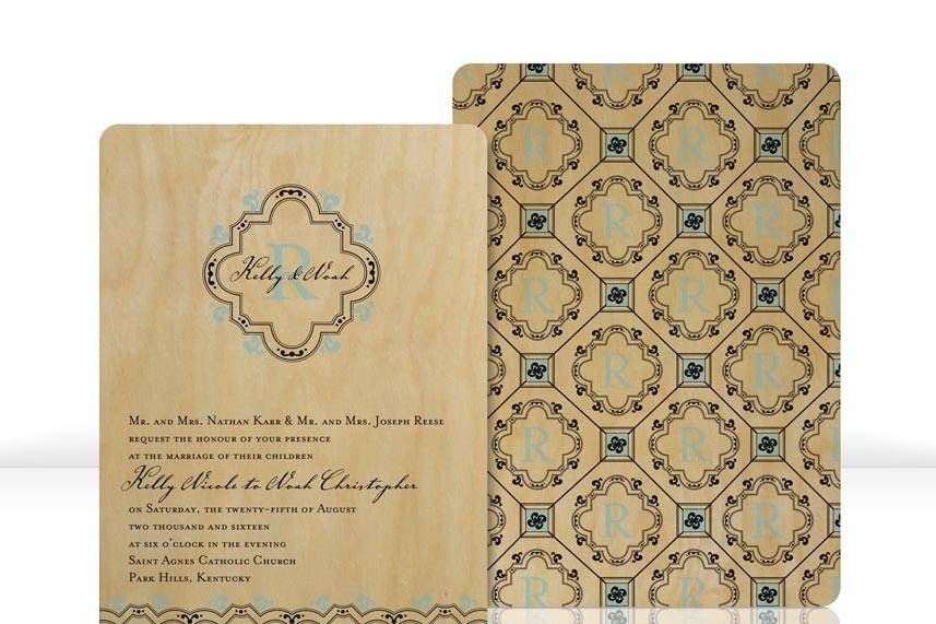 SUNCATCHER invitations are printed on .025” thick birch panels. Each design features full color printing on the front with a coordinating full color pattern on the back along with a coordinating, double-sided response postcard (yes, it mails!). All invitations are designed and manufactured in the USA, and are sustainably harvested. Compared with paper, it takes less wood to make these invitations, and there are no chemicals used in the process. The wood is all-natural and 100% biodegradable. Imprinted Wood invitations are perfect for weddings, parties, or corporate events.