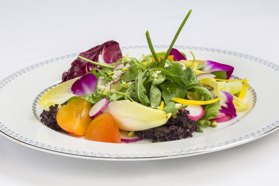 Tender greens with belgian endive, edible purple orchids, fresh apricot, shaved jewel radish, saga blue and passion fruit vinaigrette