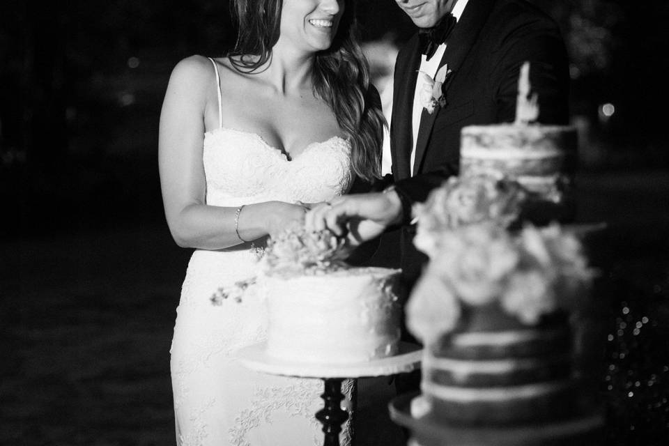 Couple cutting cake