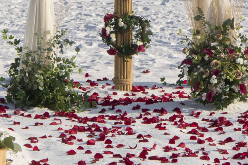 Barefoot Weddings 4 post bamboo arbor with custom florals