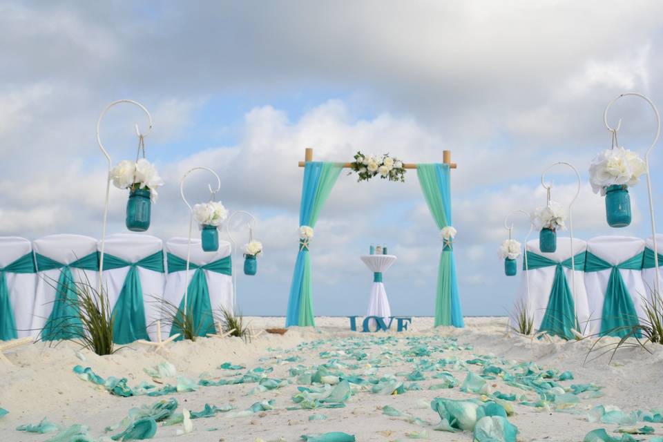 Barefoot Wedding 4 post bamboo arbor with tiffany blue accents