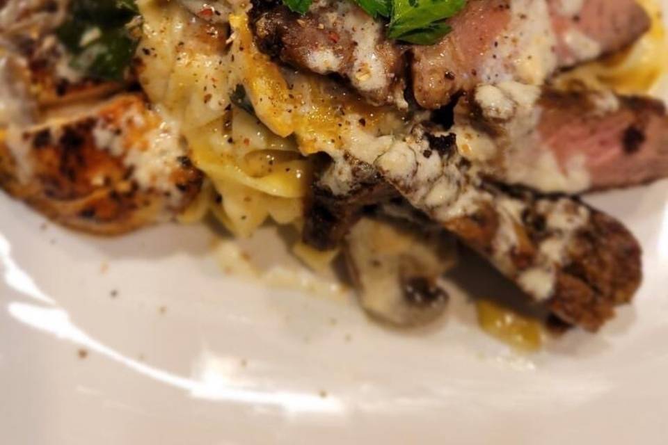 Rib steak and pasta