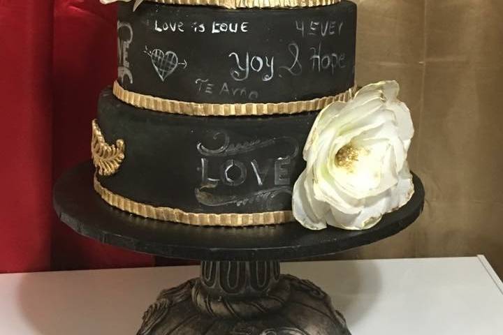 chalkboard wedding cake  with waffer flowers all handmade