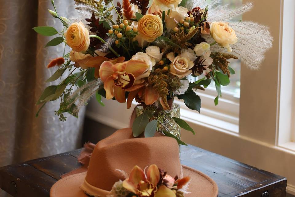 Hat and bouquet florals
