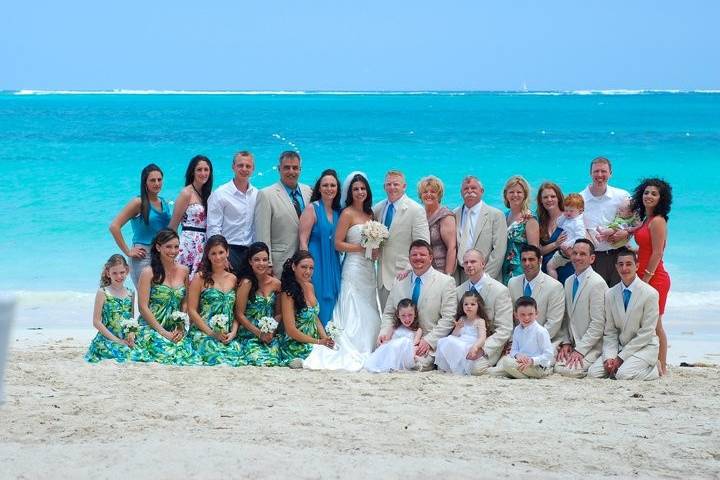 Shane & Darlene after their beach wedding at Beaches Turks & Caicos, surrounded by their loved ones.