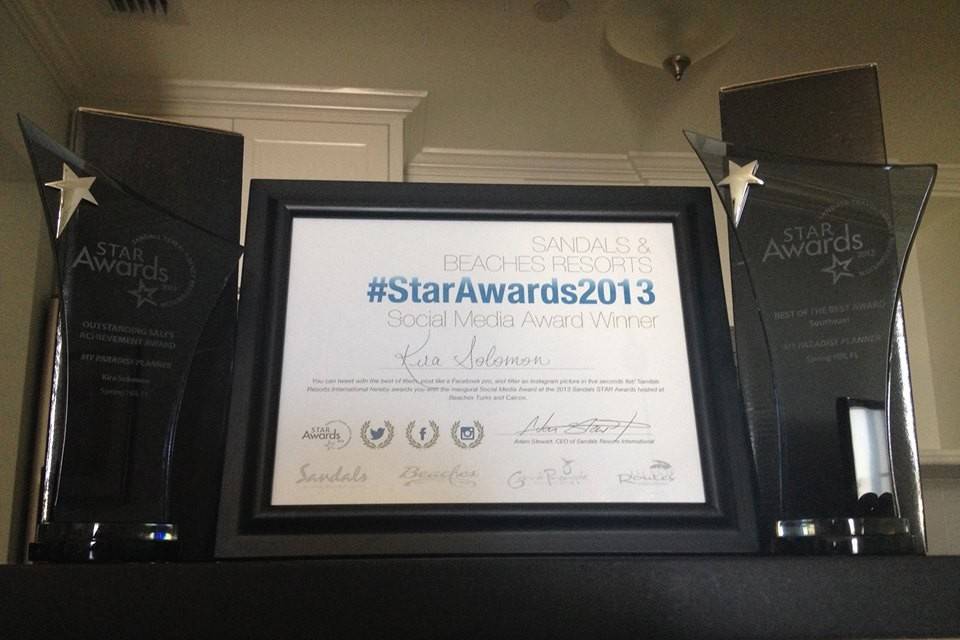 Our STAR awards from the 2013 Sandals Travel Agency Recognition Awards.We were named Best of the Best Agency in the Southeast USA plus our owner & founder, Kira Solomon, was awarded for both the Outstanding Sales Achievement Award & the first ever Social Media STAR award.